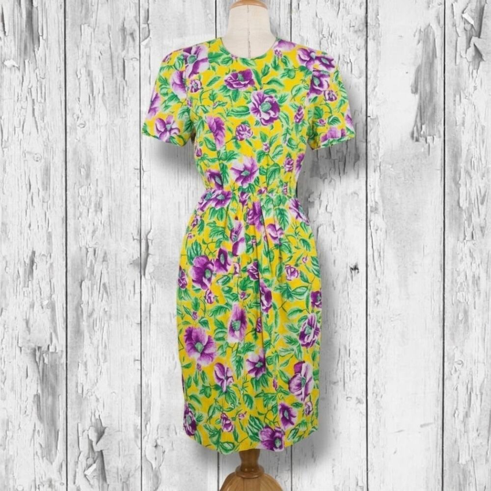 Vintage Karin Stevens Womens Size 6 Bright Yellow Purple Floral Rayon Midi Dress